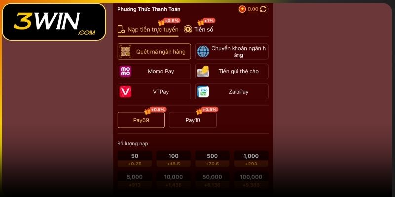 Đăng nhập để thực hiện nạp tiền 3WIN chuẩn chỉnh